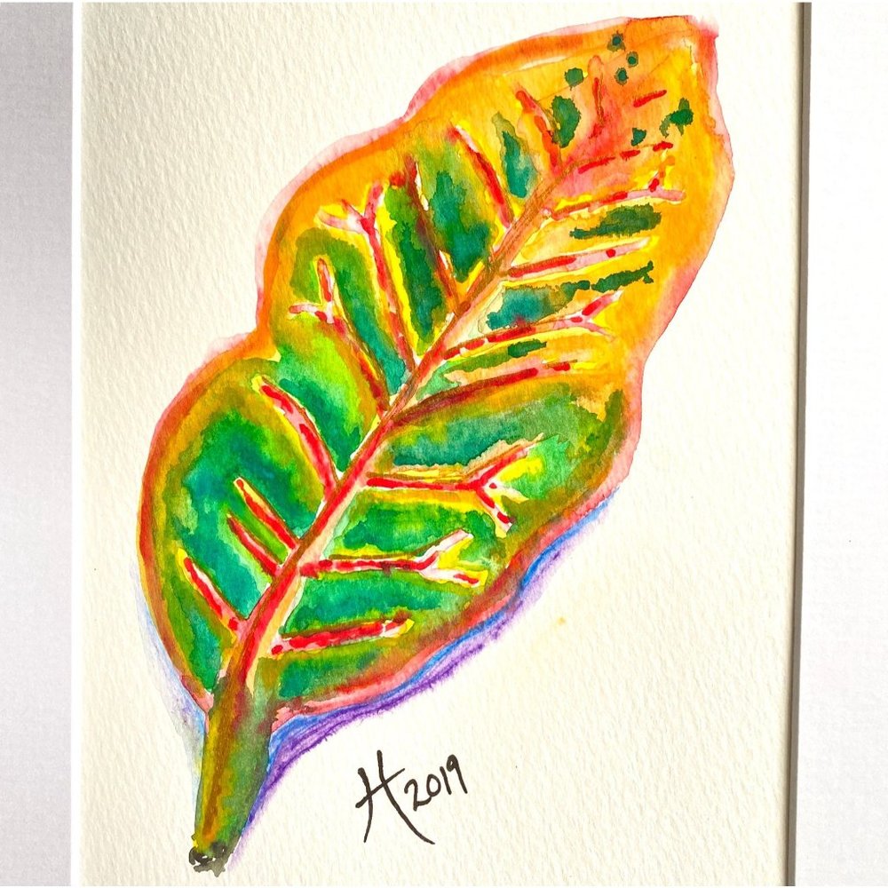 Colorful Croton II - Original Art Acrylic Marker Leaf Painting 8”x10” White Mat